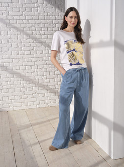 Foil T-Shirt £15 & Denim Wide Leg Trousers £25.