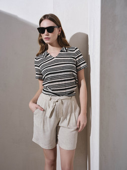 Striped Knit Polo Top £16 & Belted Linen Shorts £14, & Tortoiseshell Sunglasses £8.