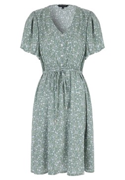 Khaki Ditsy Flutter Sleeve Dress