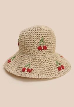 Womens Neutral Straw Cherries Bucket Hat