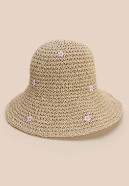 Womens Neutral Straw Floral Bucket Hat