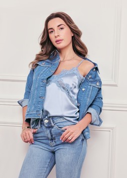 Womens Blue Satin Lace Trim Cami Top