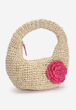 Womens Neutral Straw Flower Round Bag