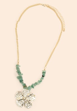 Womens Green Beaded Large Flower Necklace