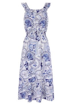 Womens Blue Tile Print Frill Neck Dress £24