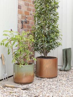 OUTDOOR HAZELTON COPPER PLANTER H32 D37 &pound;44.99 & OUTDOOR HAZELTON FOREST COPPER PLANTER H27CM D31CM &pound;34.99