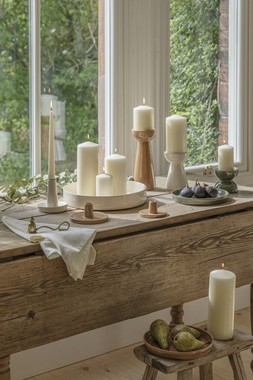 BOWEN PILLAR CANDLE HOLDER IN LINEN AND MOSS, BOWEN CANDLE PLATE IN LINEN ABND MOSS £7.99 TO £24.99