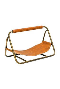 CONTEMPORARY ANTIQUE BRASS KINDLING HOLDER WITH HANGING LEATHER £49.99