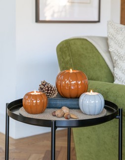 Glazed Pumpkin Tealight Holder Orange H8cm W10cm &pound;6.99, Glazed Pumpkin Tealight Holder Orange &pound;12.99, Glazed Pumpkin Tealight Holder White &pound;6.99