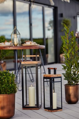 GRACE TALL LANTERN IN ACACIA WOOD AND BLACK H52CM W15CM &pound;59.99