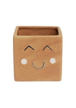 TAN SQUARE HAPPY FACE PLANTER H10.5CM D10.5CM
