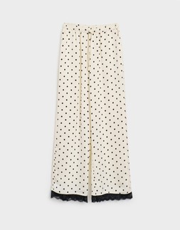 Wide Leg Satin Lace Trim Trousers in Cream Polka Dot