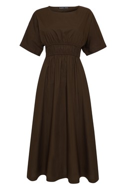 Black Elasticated Waist Cotton Poplin Midi Dress