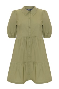 Olive Green Tiered Cotton Poplin Button Up Mini Dress