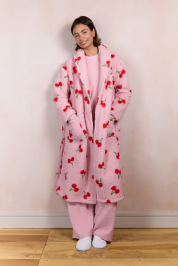 Pink Cherry Print Borg Dressing Gown