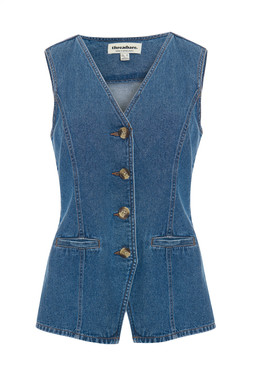 Mid Wash Denim Longline V-Neck Waistcoat