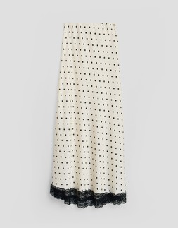Satin Lace Trim Maxi Skirt in Cream Polka Dot