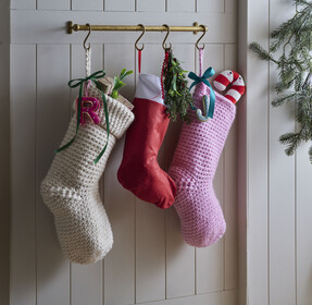 Knitcraft Personalised Stockings Digital Pattern 0240 £2.00 Forest Green Satin Ribbon 9mm x 15m £1.50 Teal Wire Edge Satin Ribbon 63mm x 3m £3.00 Mache Square Boxes 3 Pack £6.00 Red and White Cotton Twine 100m £4.50 from Hobbycraft