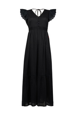 Black Broderie Sleeve Pintuck Midi Dress