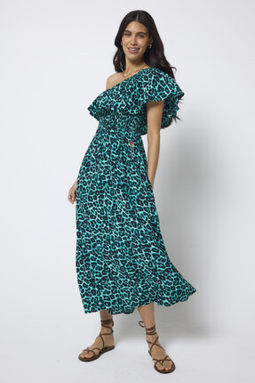 Green Jaguar One Shoulder Midi Dress from Scamp & Dude
