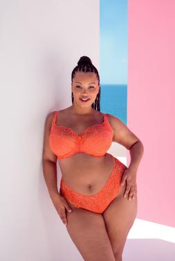 Lovelace, Side Support Balcony Bra, Coral/Blush, £32.00, US$63.00, CA$80.00, €48.00, A$80.00, Lovelace, Brazilian Brief, Coral/Blush, £17.00, US$35.00, CA$40.00, €26.00, A$40.00