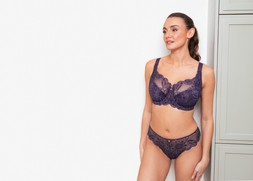 LOVELACE DEEP PURPLE SIDE SUPPORT BALCONY BRA £32 & BRAZILIAN BRIEF £16