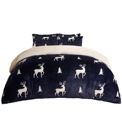 OHS Cosy Stag Ribbed Fleece Duvet Set - Navy - Double £27