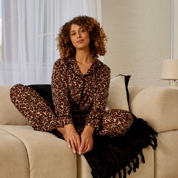 OHS Leopard Print Button Through Pyjama Set - Natural