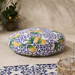 OHS Indoor/Outdoor Round Lemon Print Filled Cushion - White/Blue - £18