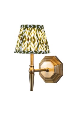 Single brass wall light with green pleated shade
