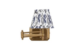 Extendable brass wall light with blue and grey pleated shade
