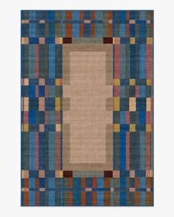 Ruggable - Jungalow Collection - Lad Blue - 185 x 275 cm - Flatwoven £429, Tufted £599 (Aerial)- EMBARGOED UNTIL 2ND JULY 2026- EMBARGOED UNTIL 2ND JULY 2026