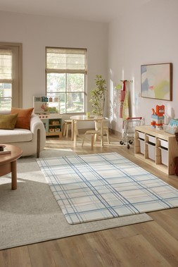 Ruggable Play Mat Storytime Plaid Denim Blue £199 Living Room- under embargo until July 30th