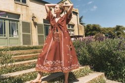 Greta Short Sleeve Embroidered Midi Dress Brown
