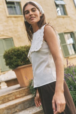 Lexi Sleeveless Embroidered Linen Blend Top Ivory