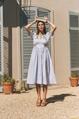 Marisol Lemon Embroidered Stripe Midi Dress Blue