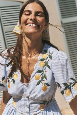 Marisol Lemon Embroidered Stripe Midi Dress Blue