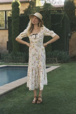 Sienna Frill Neck Floral Midi Dress Ivory