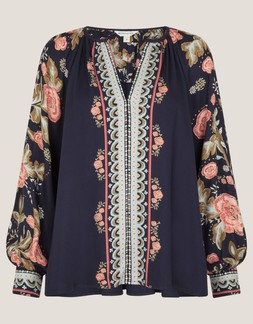 Rosalie V-Neck Floral Print Blouse Blue