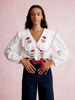 Talia Tulip Embroidered Scallop Collar Top White