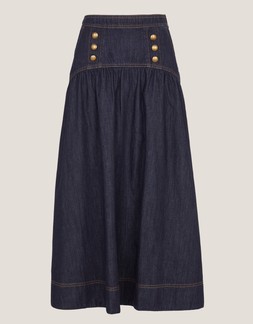Lucy Button Denim Midi Skirt Blue