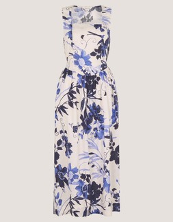 Nicolette Floral Linen Blend Midi Dress Blue