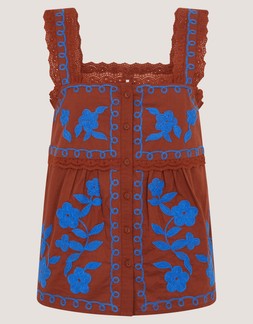 Madison Embroidered Broderie Lace Top Brown
