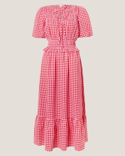 Mel Puff Sleeve Gingham Midi Dress Red