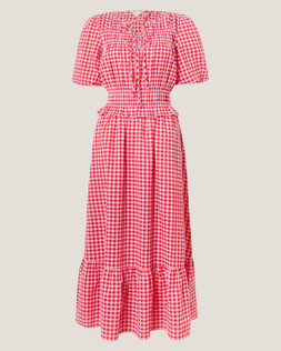 Mel Puff Sleeve Gingham Midi Dress Red