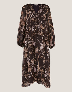 Jada Floral Print Ruffle Midi Dress Brown