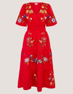Emma Floral Embroidered Midi Dress Red