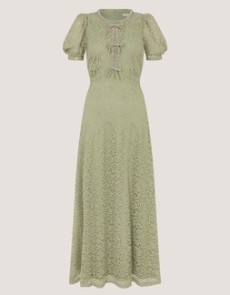 Celina Puff Sleeve Lace Midi Dress Green