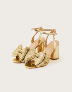 Metallic Bow Block Heel Sandals Gold