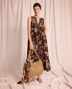 Esther Floral Linen Blend Midi Dress Brown